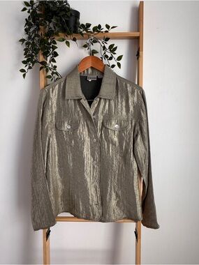 Chico's Metallic Green  Olive Button-Front Shirt Metallic Size 1